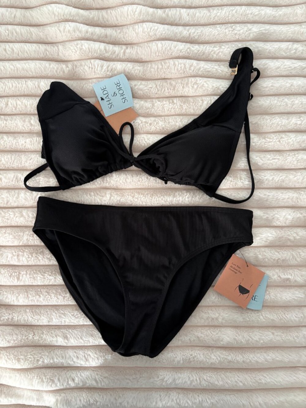Tie Front Bralette Bikini with Hipster Bottoms - Black, Ribbed